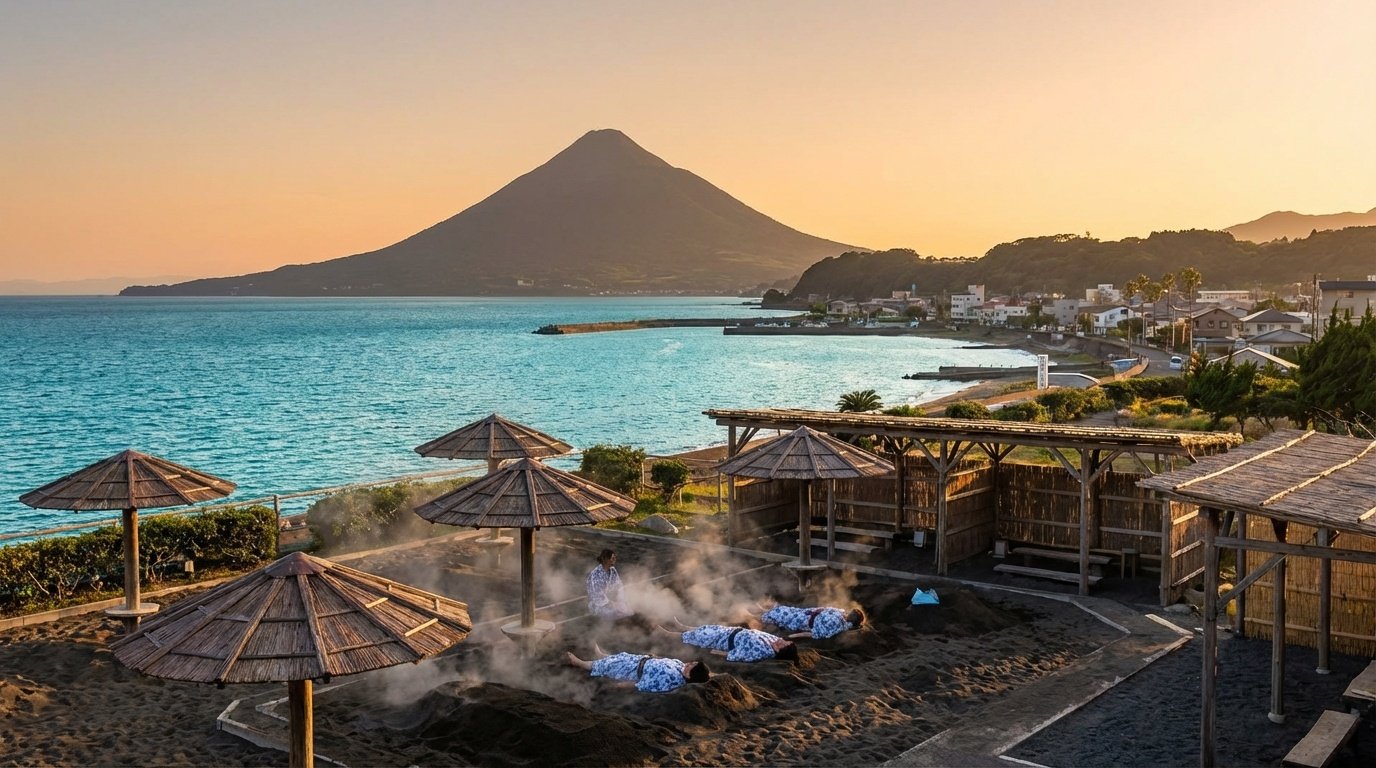 開聞岳と海を望む指宿温泉の砂蒸し風呂